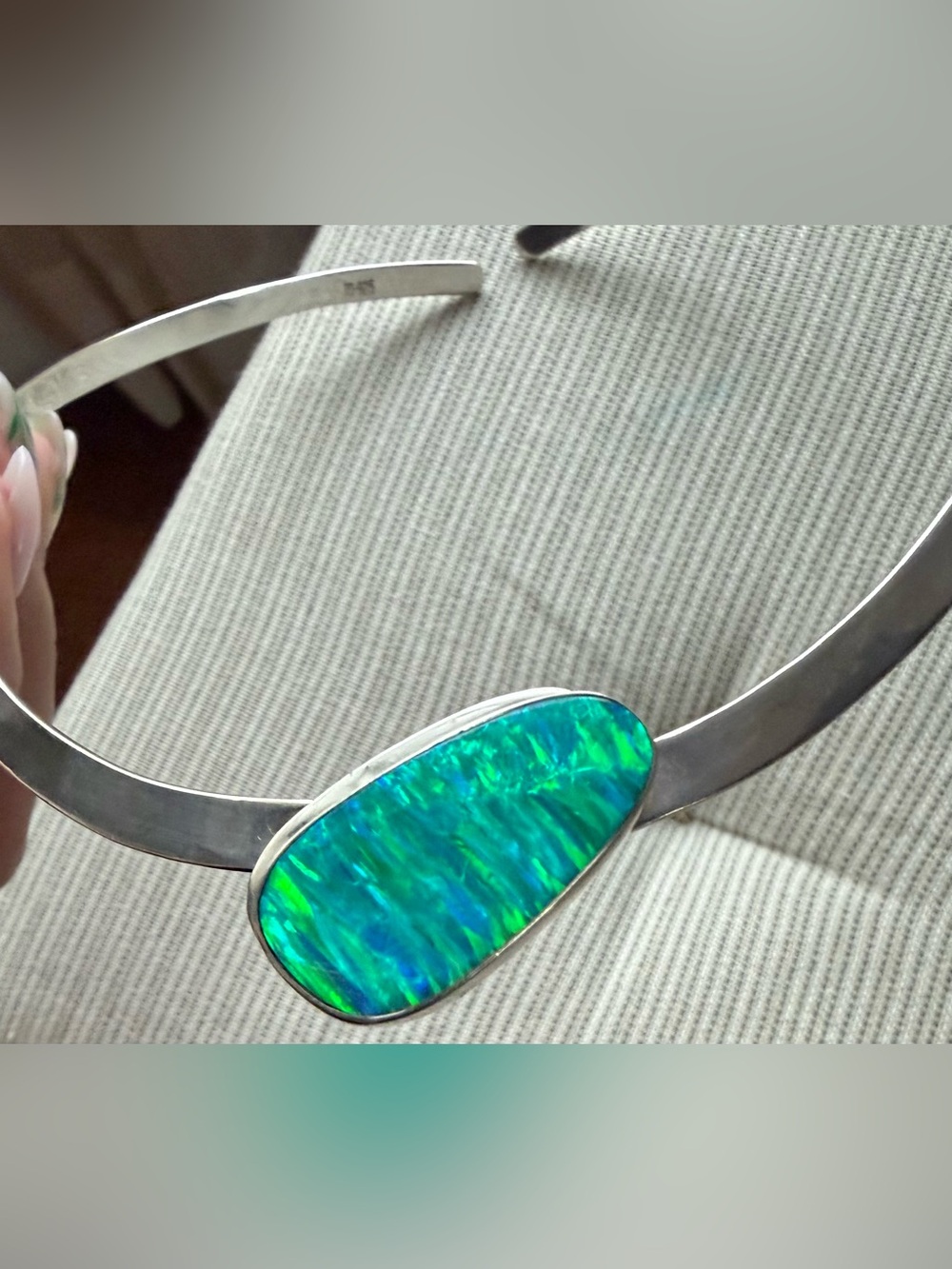Taxco Mexico Sterling Silver Choker Necklace w/Green Opal Center 16 in vintage - Picture 8 of 17